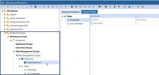 Dark blue highlighted box around the copied data management sequence name with in another workspace.